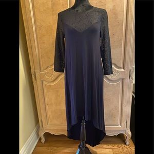 BCBG MAXAZRIA black dress with lace top and sleeves. High / low style very chic